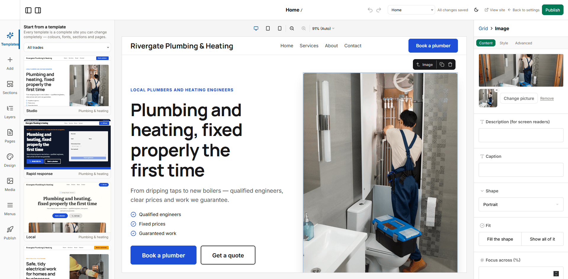 The site builder: templates, sections and layers on the left, the live page in the middle, the selected element's content and style on the right.